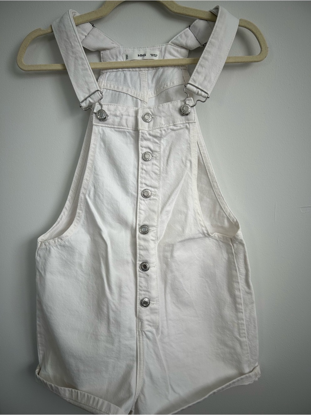 White Button-Front Denim Short Overalls by MANGO